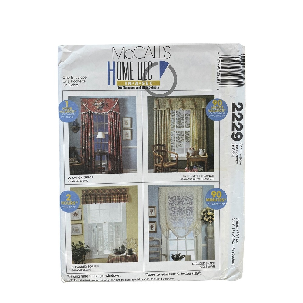 McCalls 2229 Window Valance Sewing Pattern OS Uncut Swag Cornice Cloud Shade